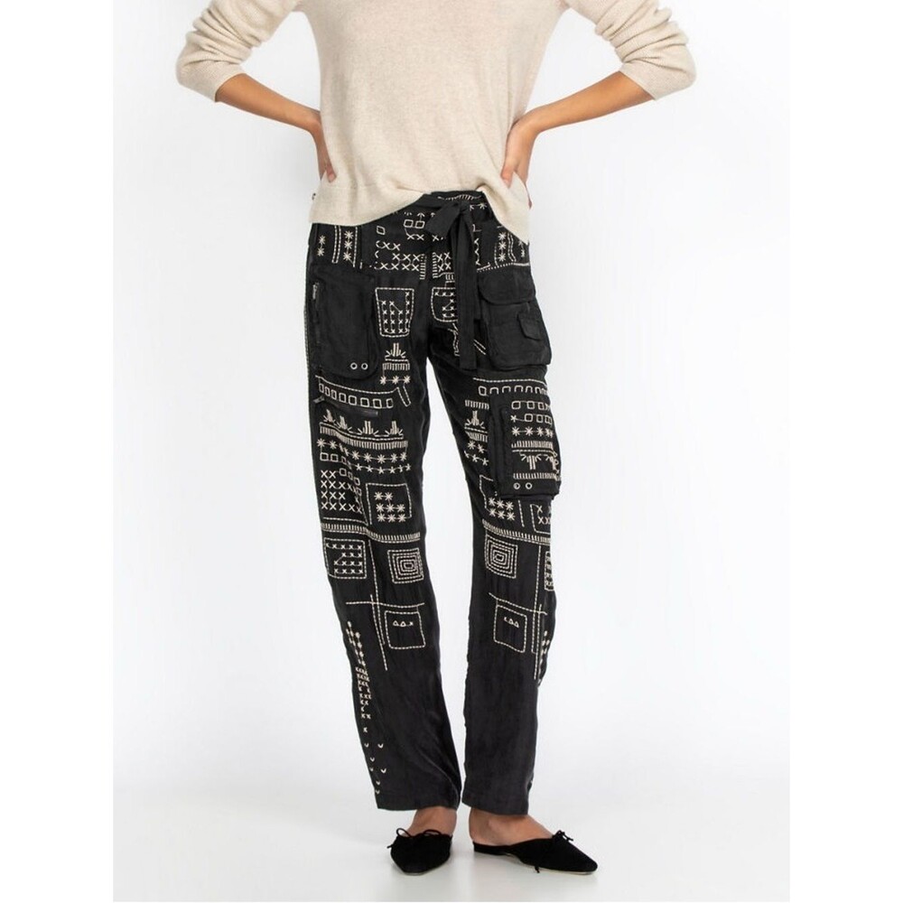 Johnny Was BIYA Black Blake Embroidered Cargo Bohemian Artsy Pants Size 10